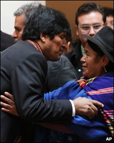 Bolivia's President Evo Morales congratulates his new Minister of Productive Development Antonia Rodriguez Medrano in La Paz on 23 Jan 2010