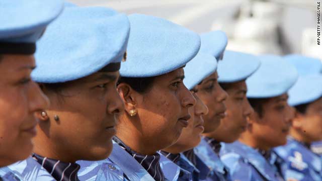 The United Nations' first all-female peacekeeping force of more than 100 Indian policewomen arrive in Monrovia in January 2007.